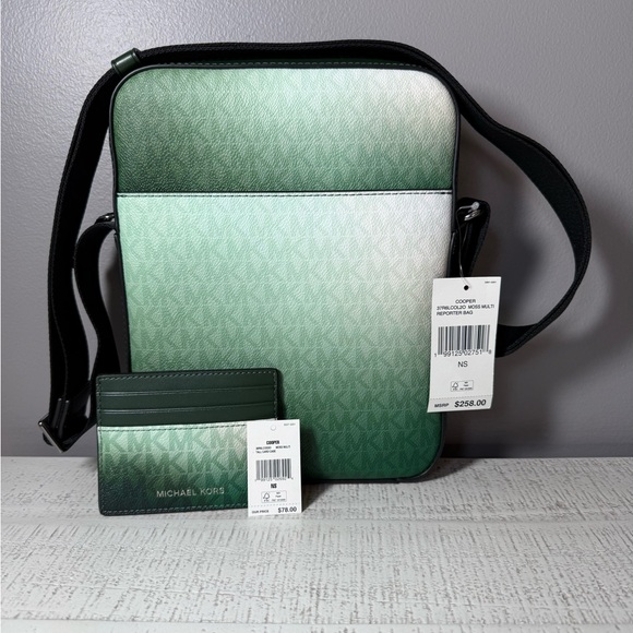 NWT Michael Kors Unisex Ombre Green Messenger Bag & NWT Matching Card Holder